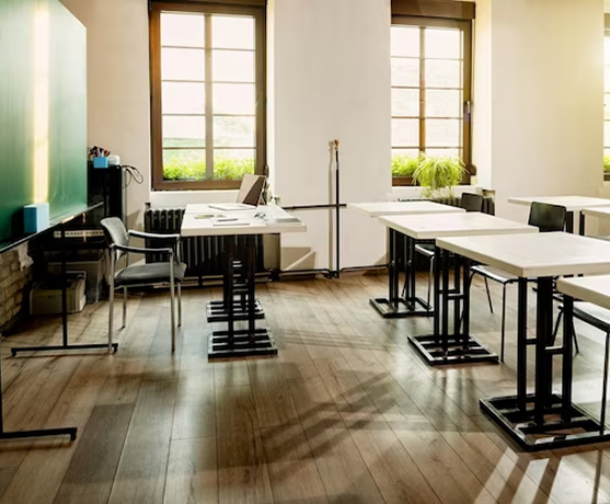 Bright classroom with desks